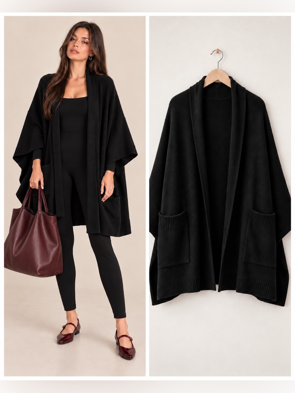 White + Warren Merino Cashmere Open Poncho | Black | One Size | Like New